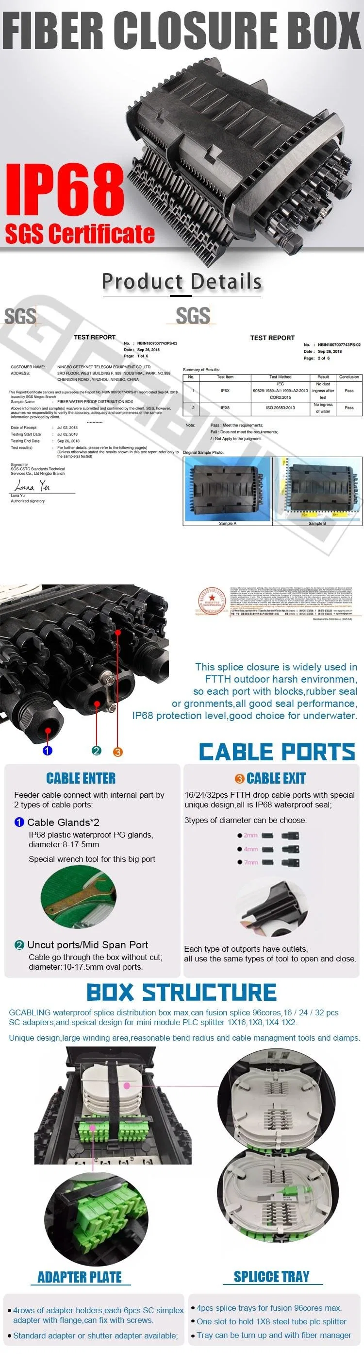 Gcabling Fiber Optic Splice Nap Splitter Distribution Enclosure Box Access Terminal IP68 Fdb Connection Termination FTTH Cable Junction Closure Box